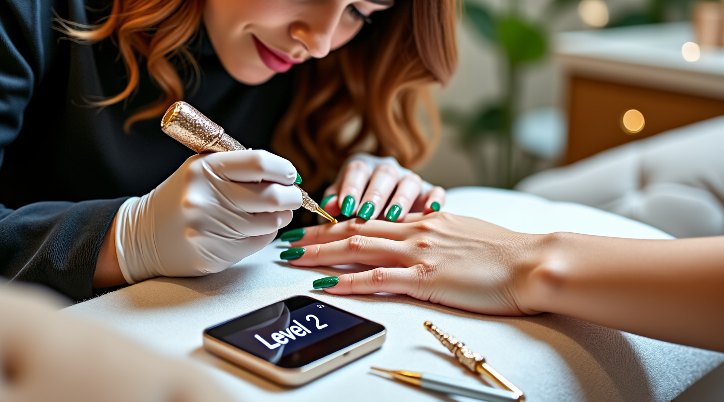 Nail artist applying emerald green nail design with Level 2 display